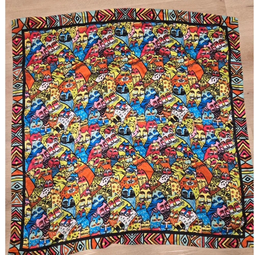 Colorful Maximalist Cat Print Satin Square Scarf Multi Geometric Border 35x35